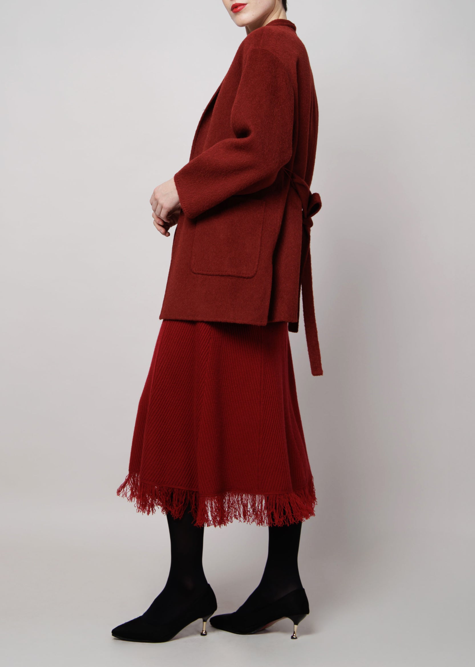 Belted Camel Coat in Red image 2