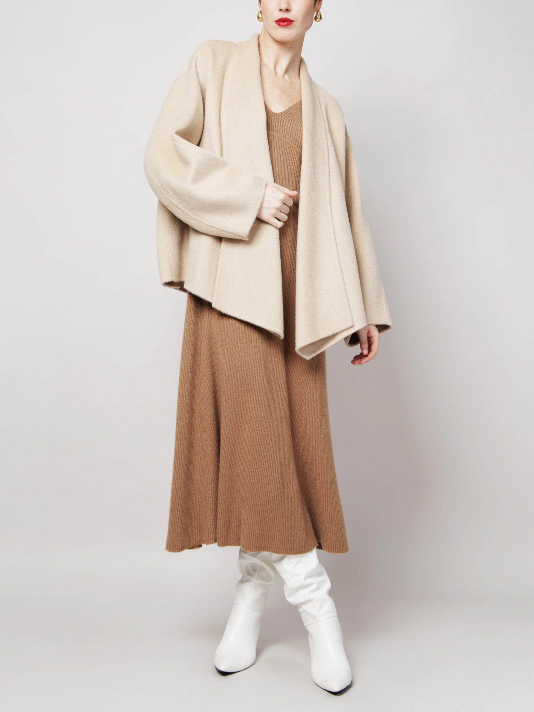 Draped Collar Camel Coat in White image 2