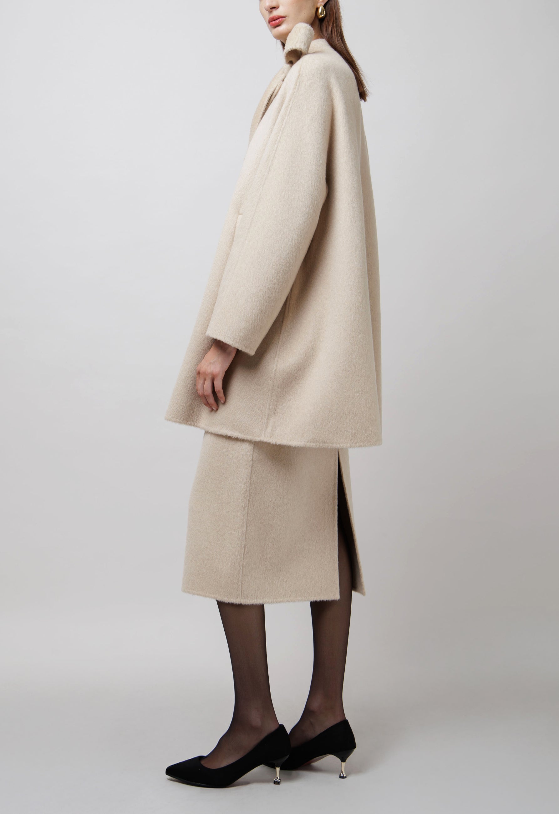 Neck Bow Camel Coat in White image 2