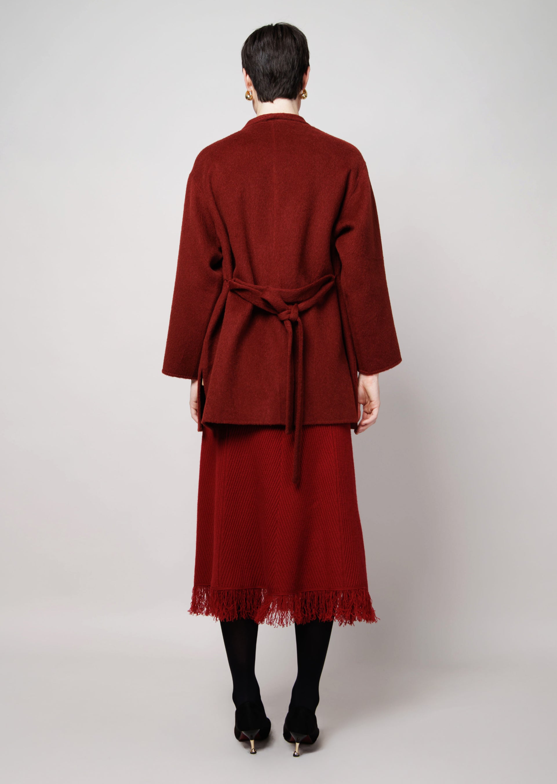 Belted Camel Coat in Red image 3
