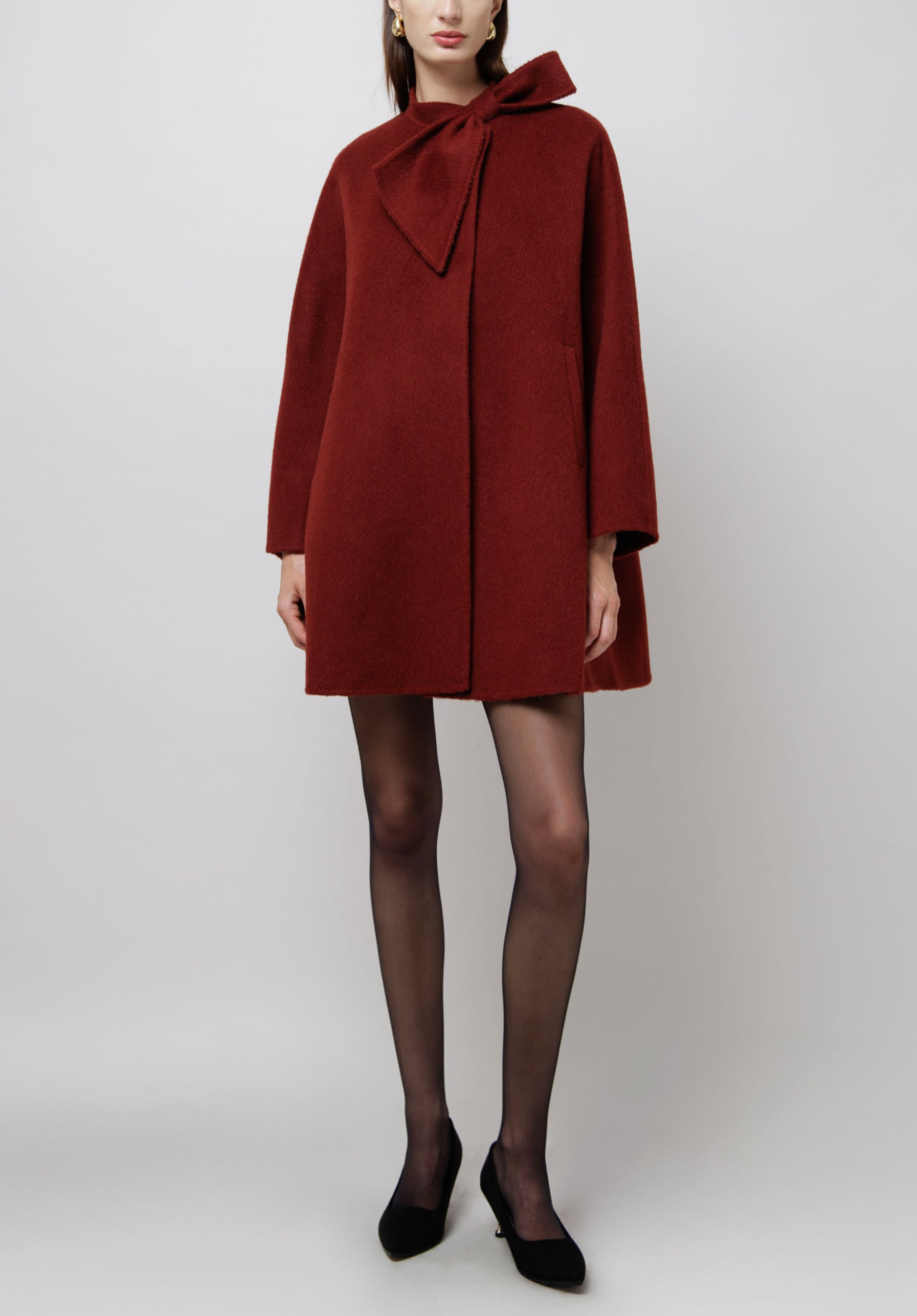 Neck Bow Camel Coat in Red image 2