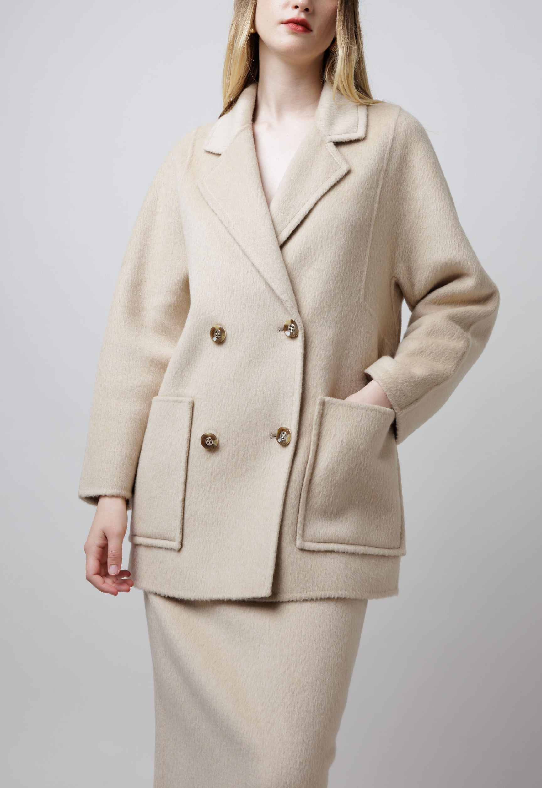 Double Breasted Camel Pea Coat in White image 2