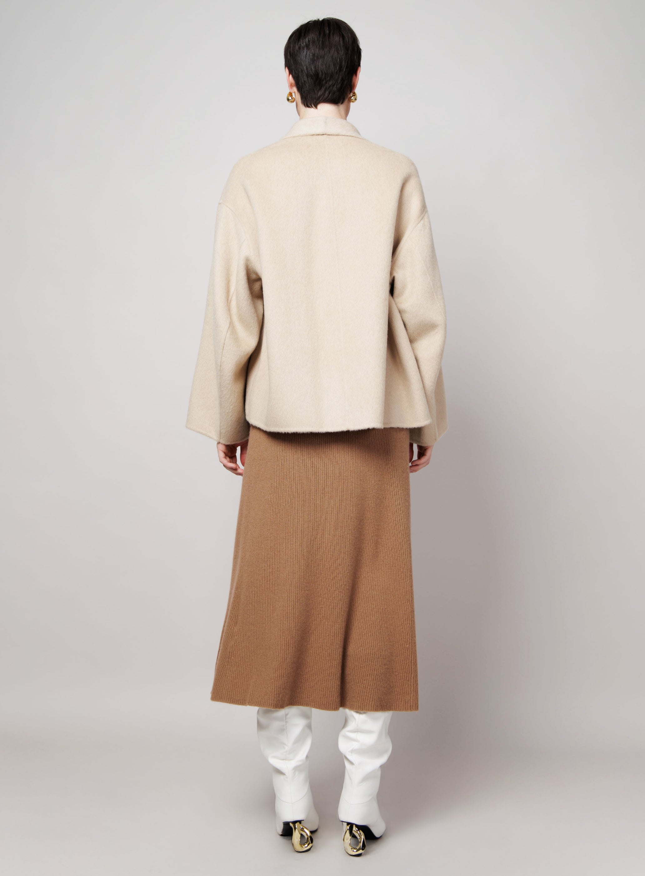 Draped Collar Camel Coat in White image 4