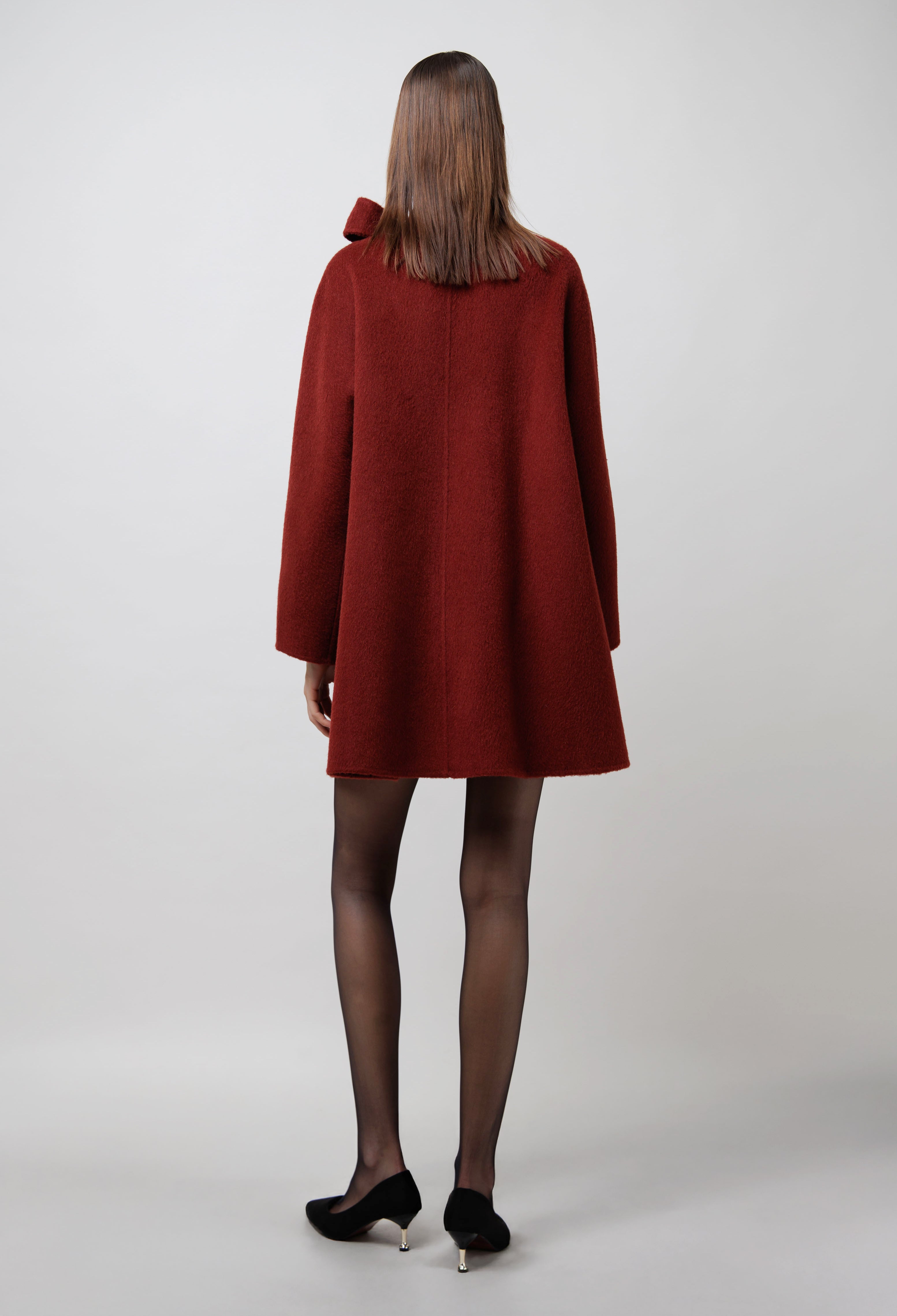 Neck Bow Camel Coat in Red image 4