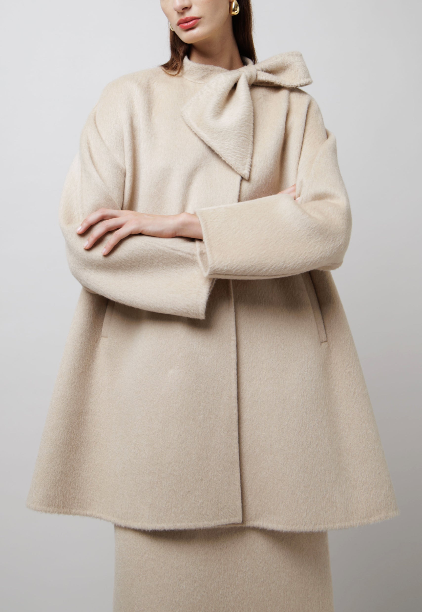 Neck Bow Camel Coat in White image 0