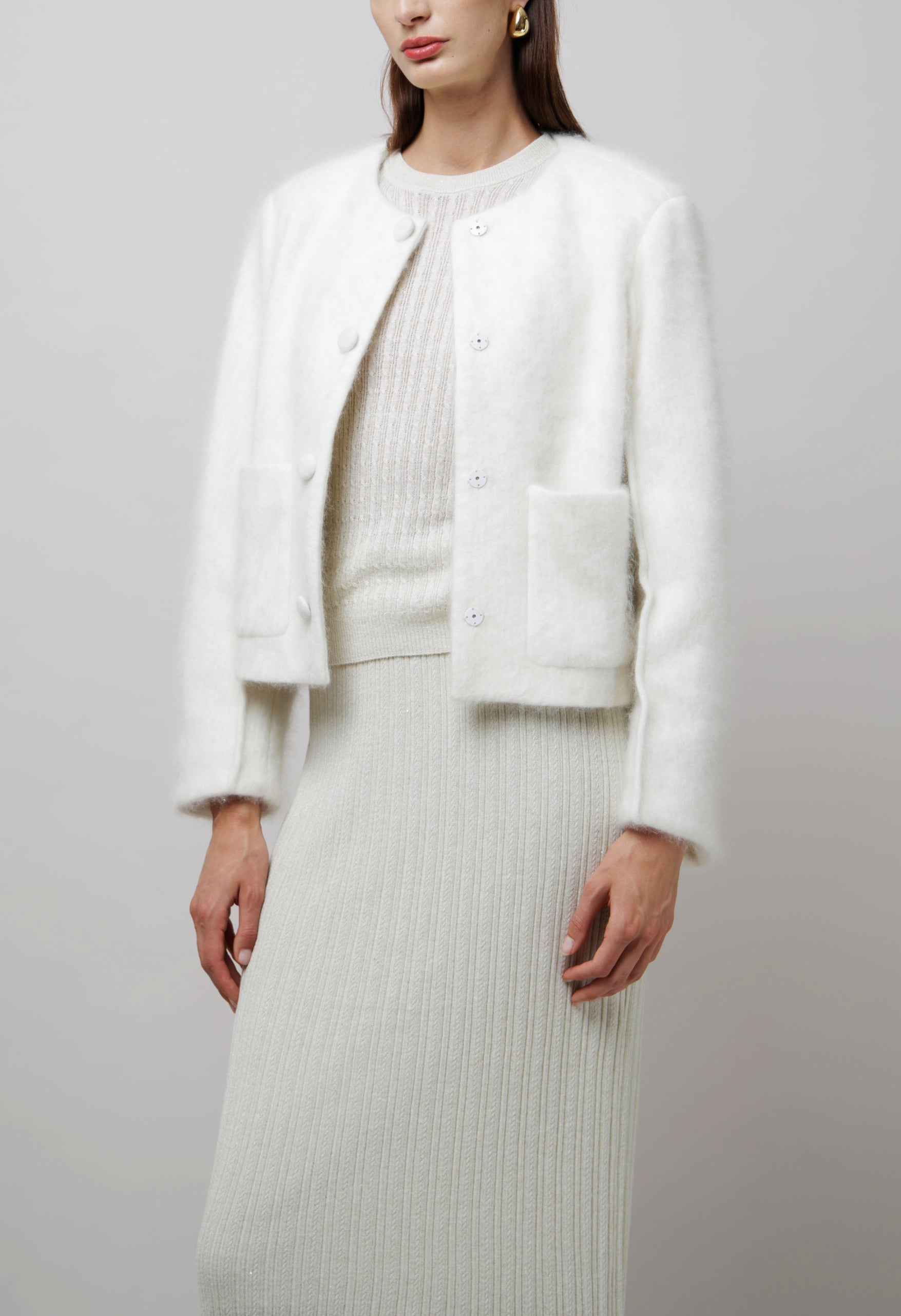Fluffy Cropped Cashmere Coat in White image 1