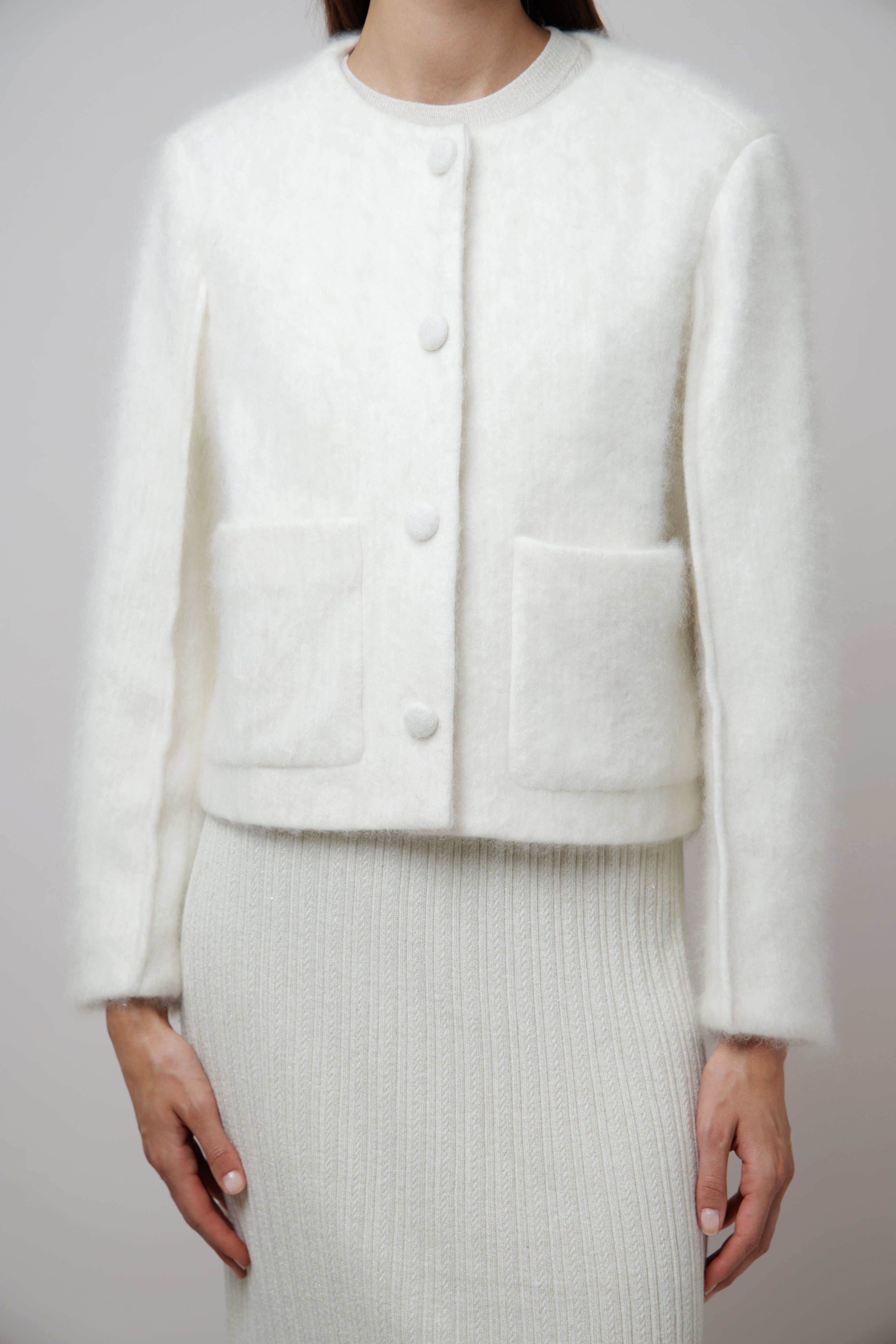 Fluffy Cropped Cashmere Coat in White image 2