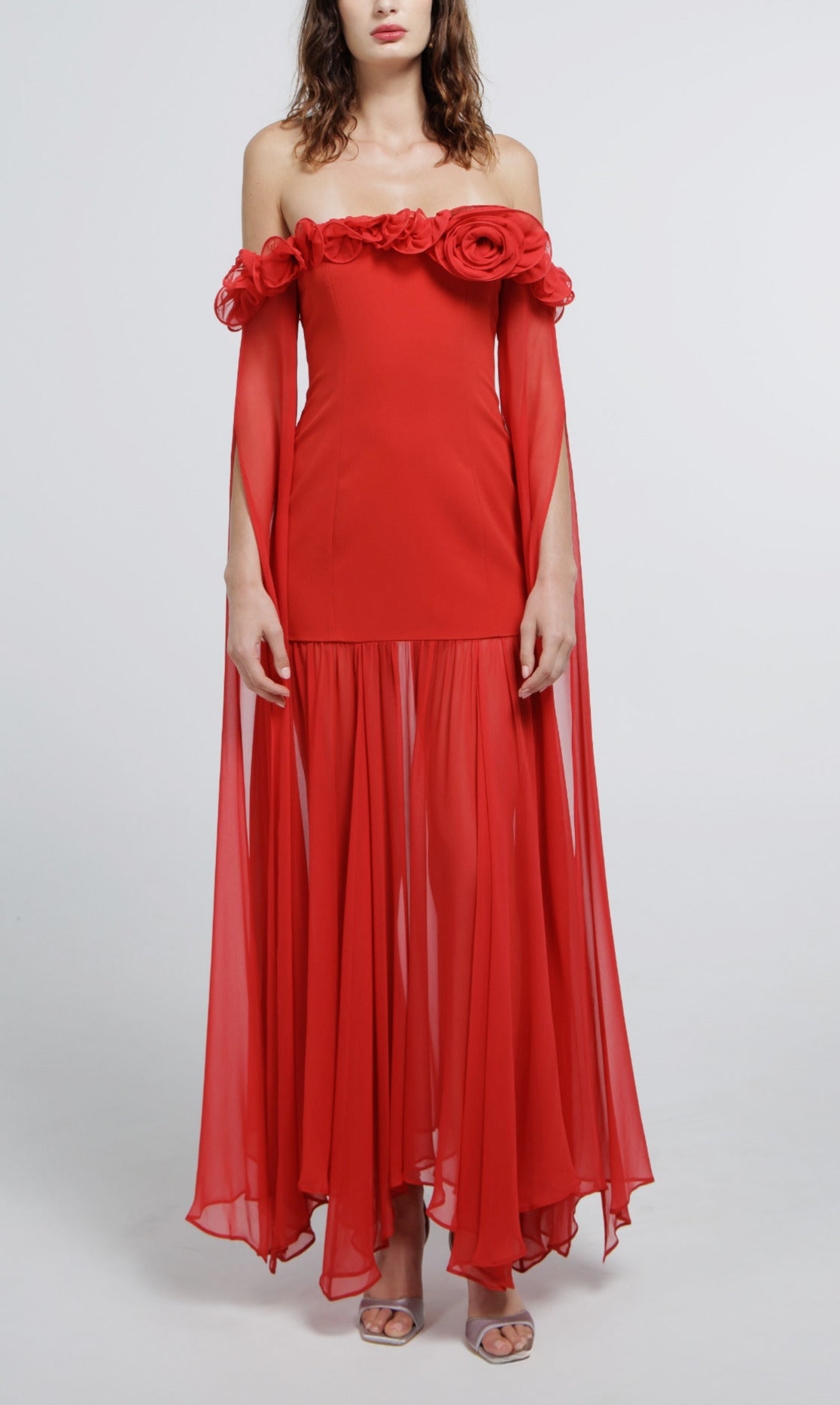Rose Trimmed Off the Shoulder Chiffon Gown