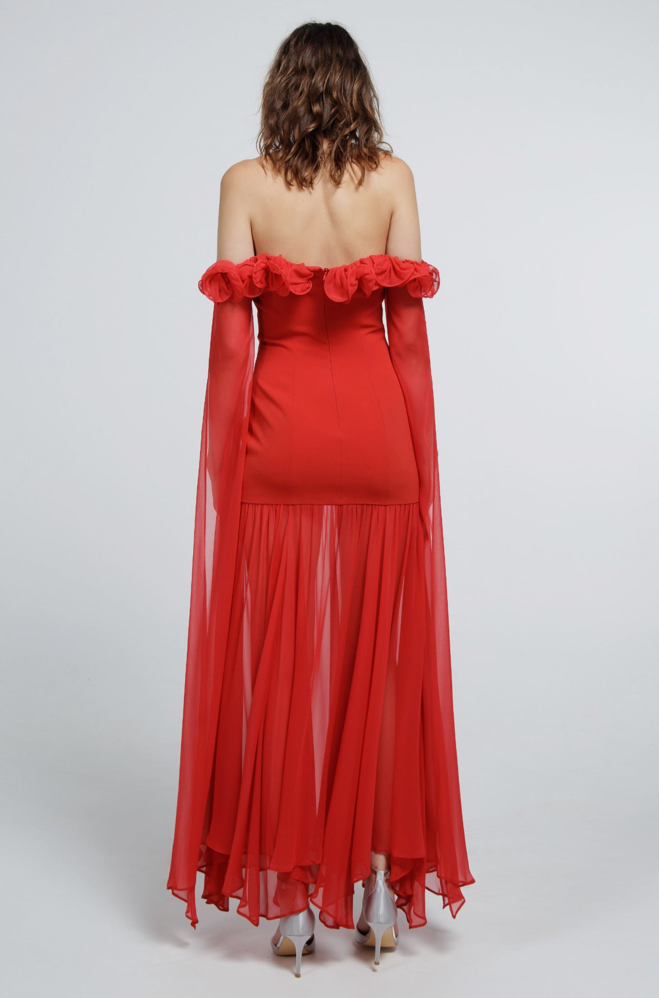 Rose Trimmed Off the Shoulder Chiffon Gown