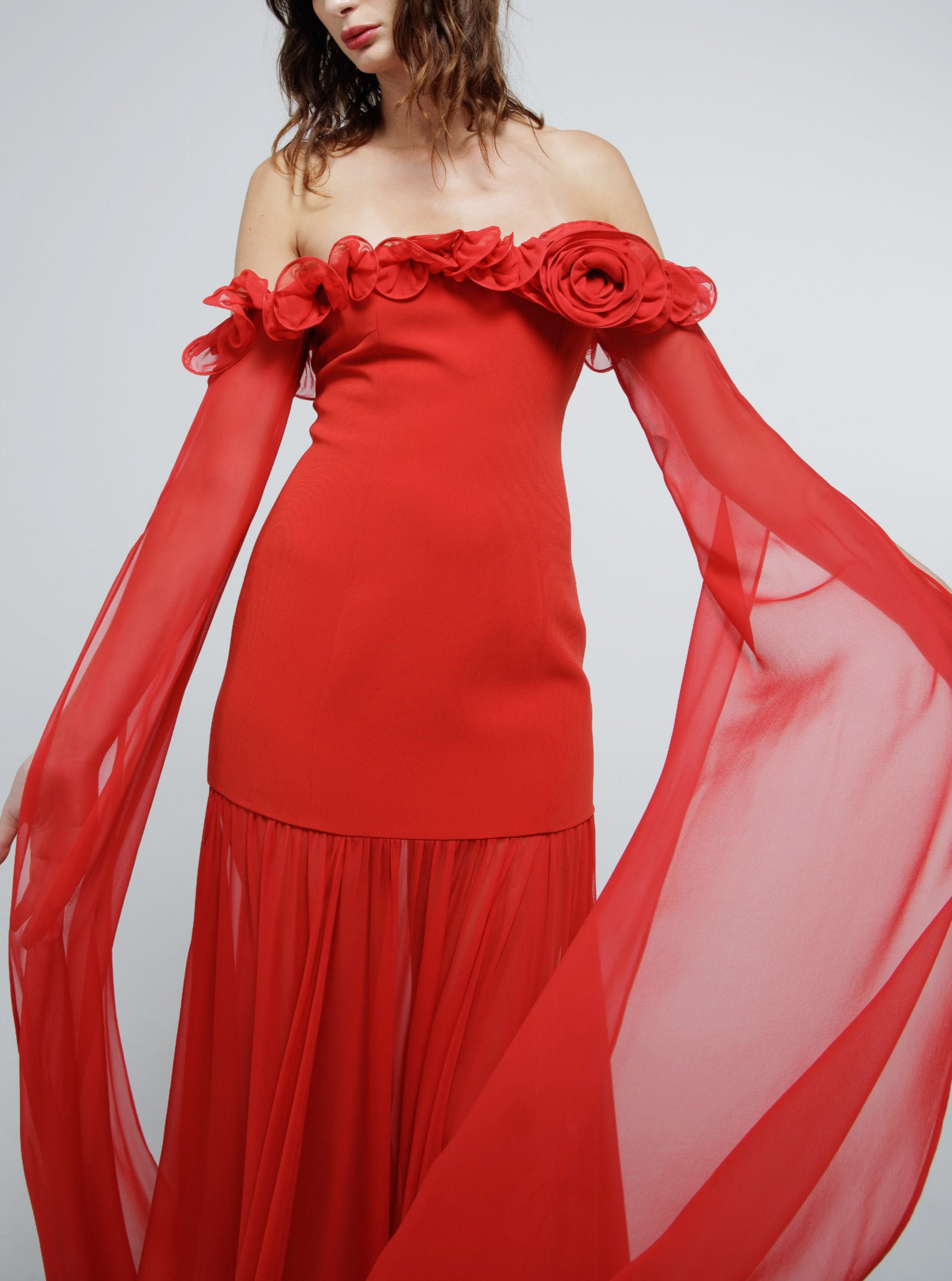 Rose Trimmed Off the Shoulder Chiffon Gown