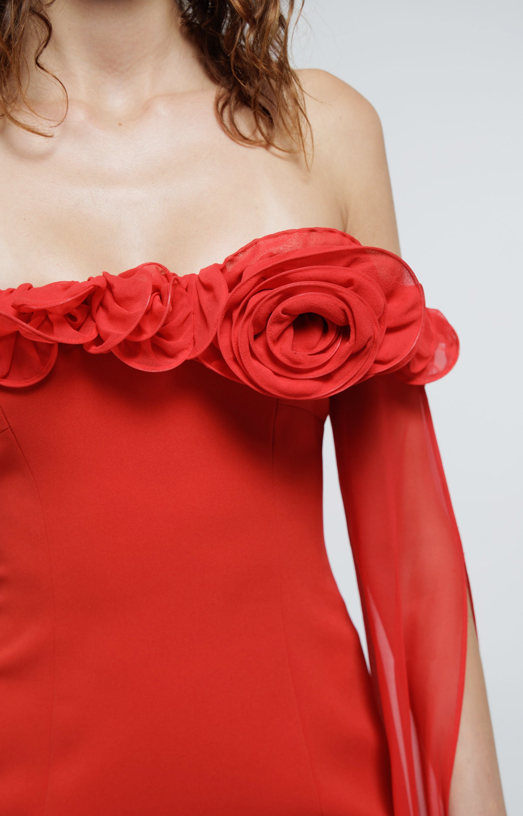 Rose Trimmed Off the Shoulder Chiffon Gown