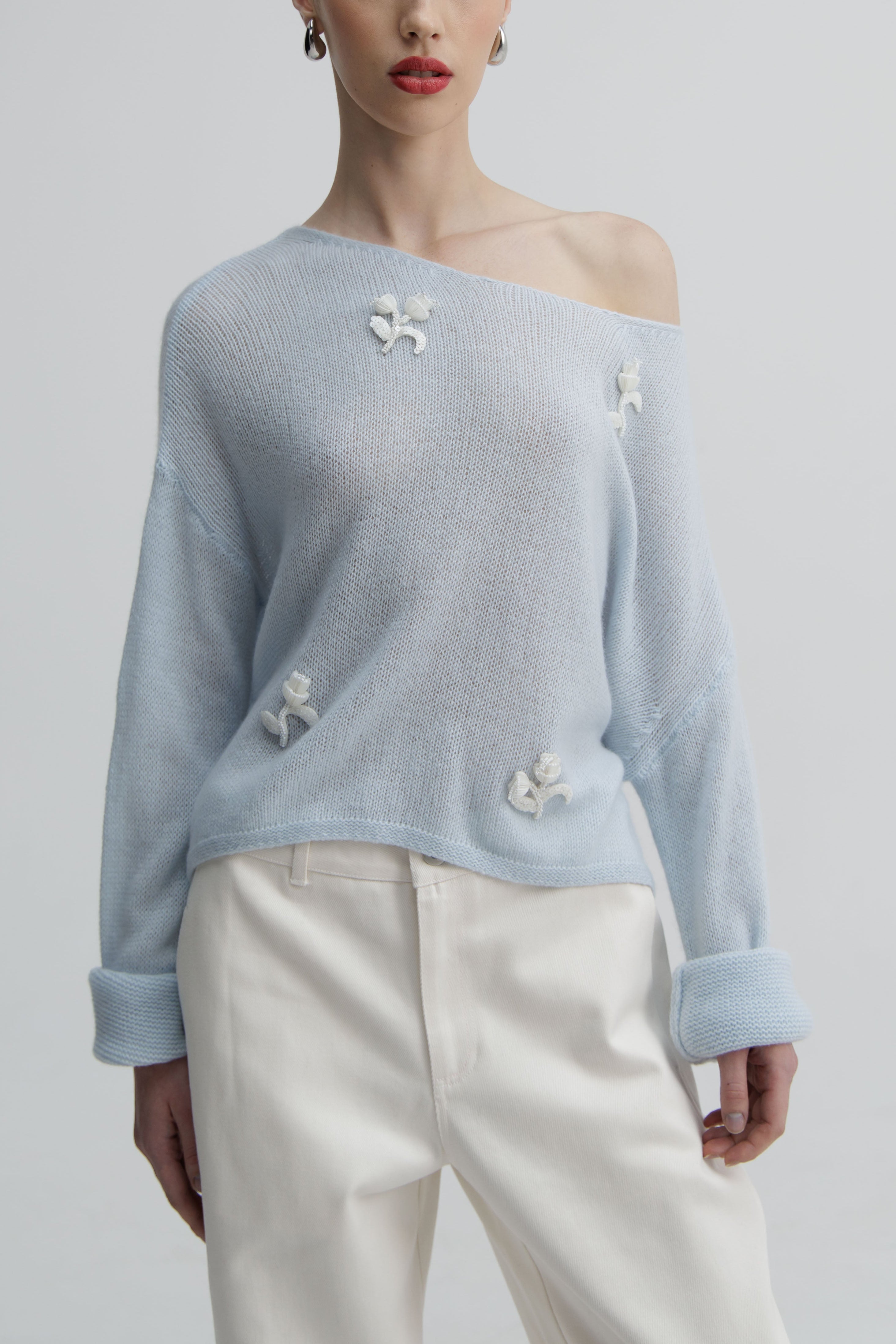 Pale Iris Slouched Embroidered Knit