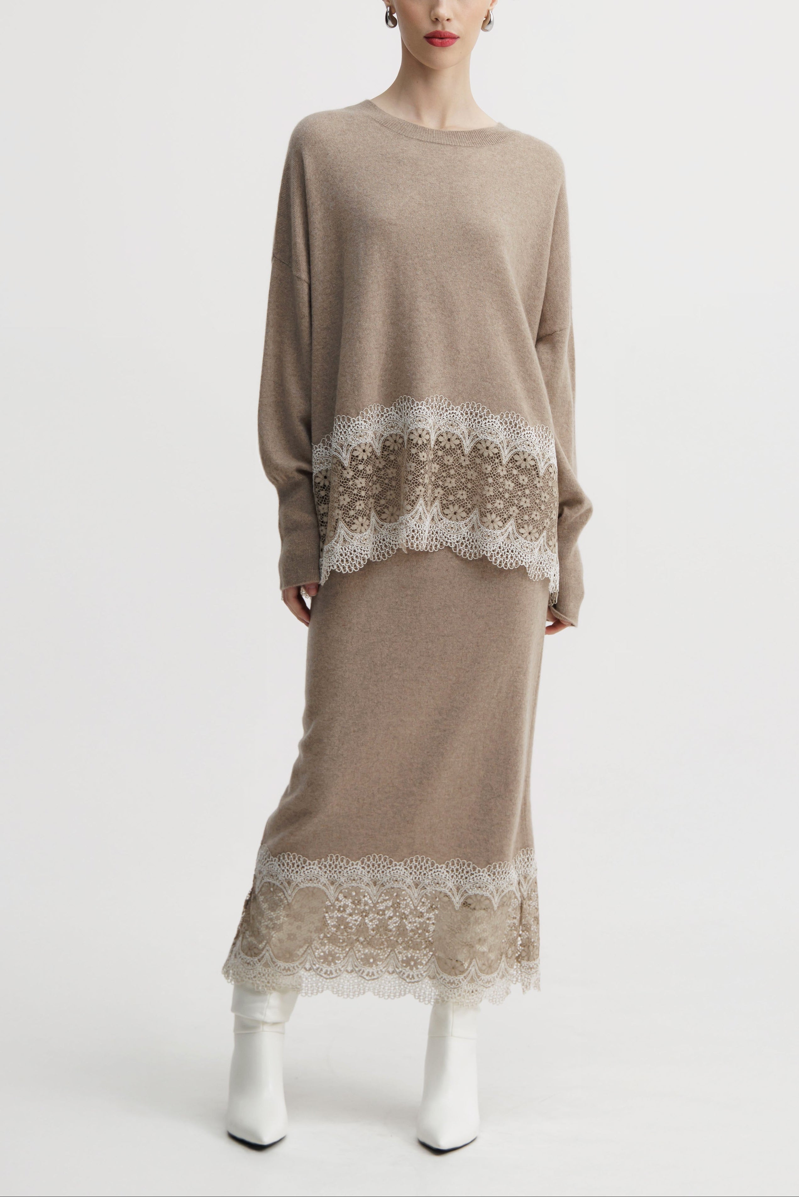 Warm Oat Ornate Lace Column Skirt