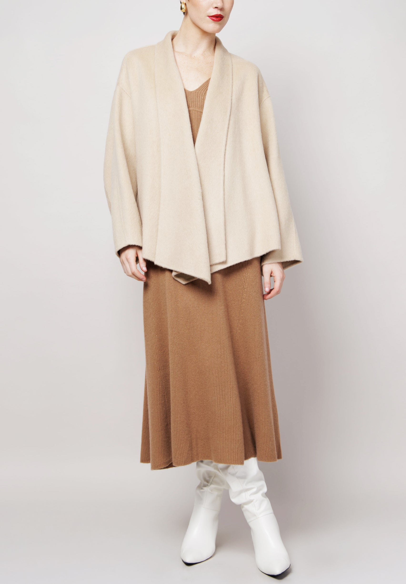 Draped Collar Camel Coat in White image 0