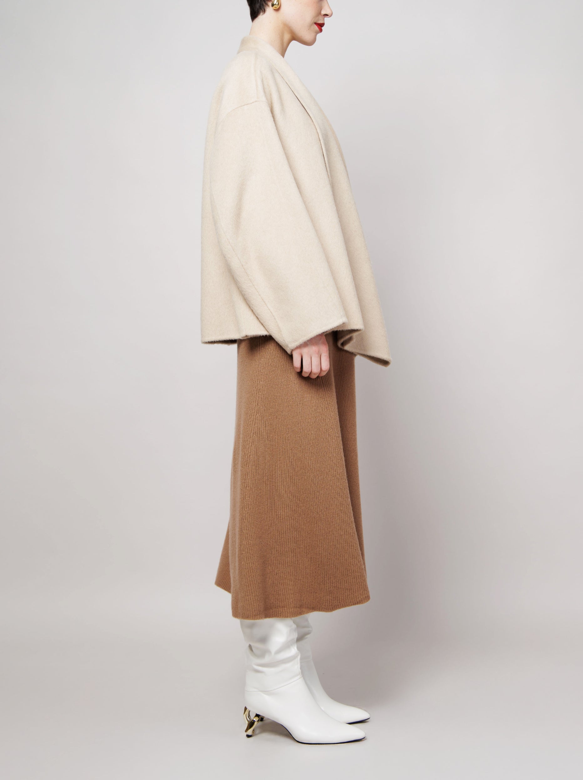 Draped Collar Camel Coat in White image 3