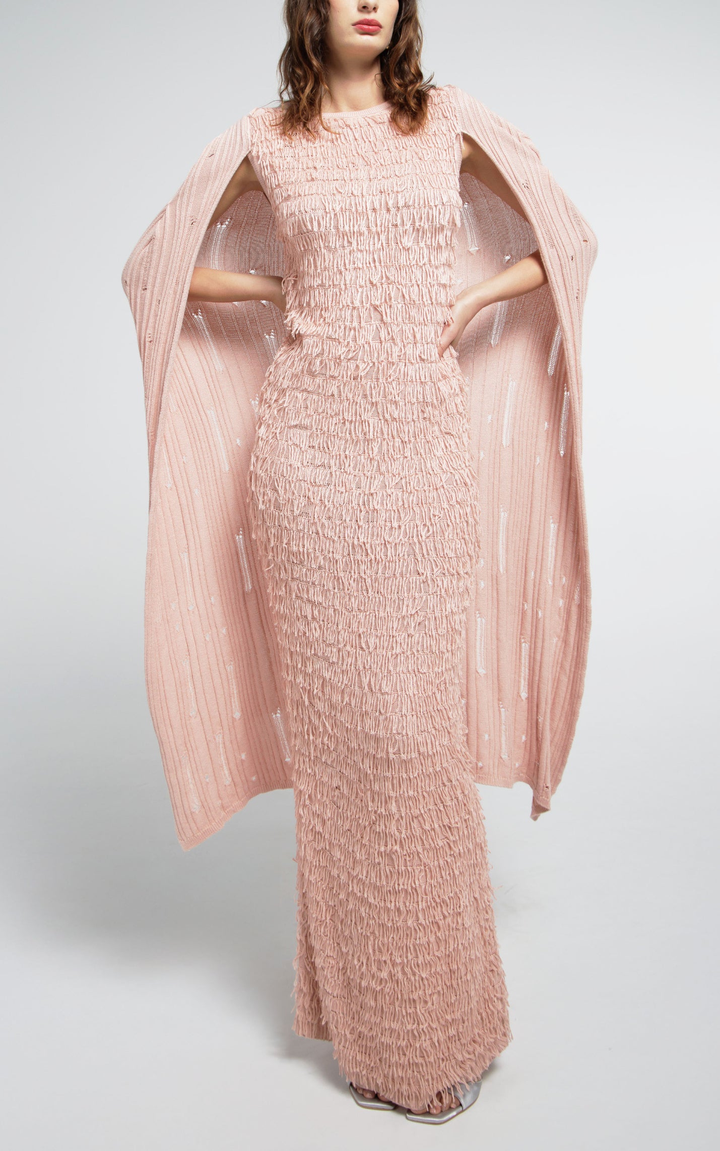Fringe Cape Knit Maxi Dress