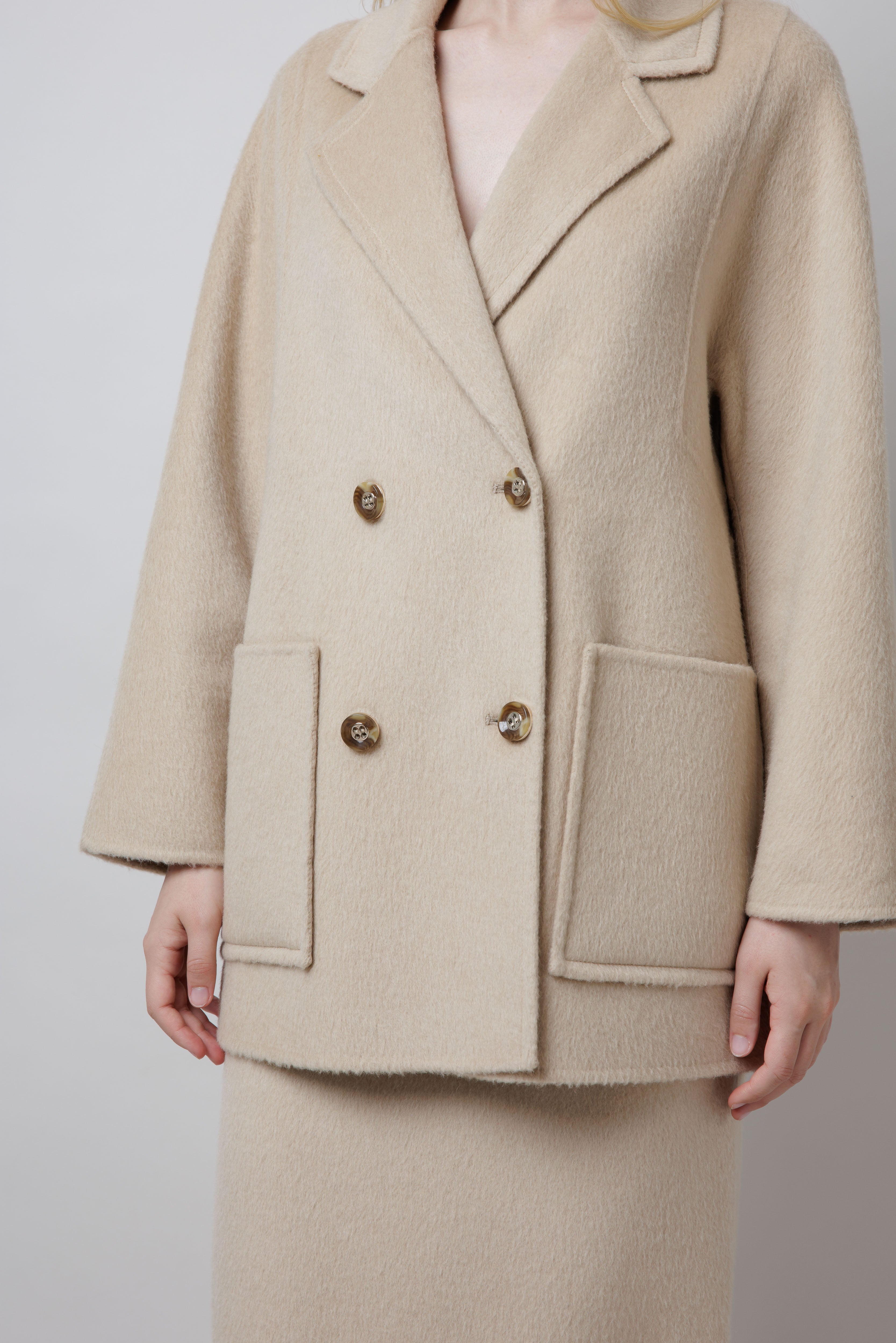 Double Breasted Camel Pea Coat in White image 4