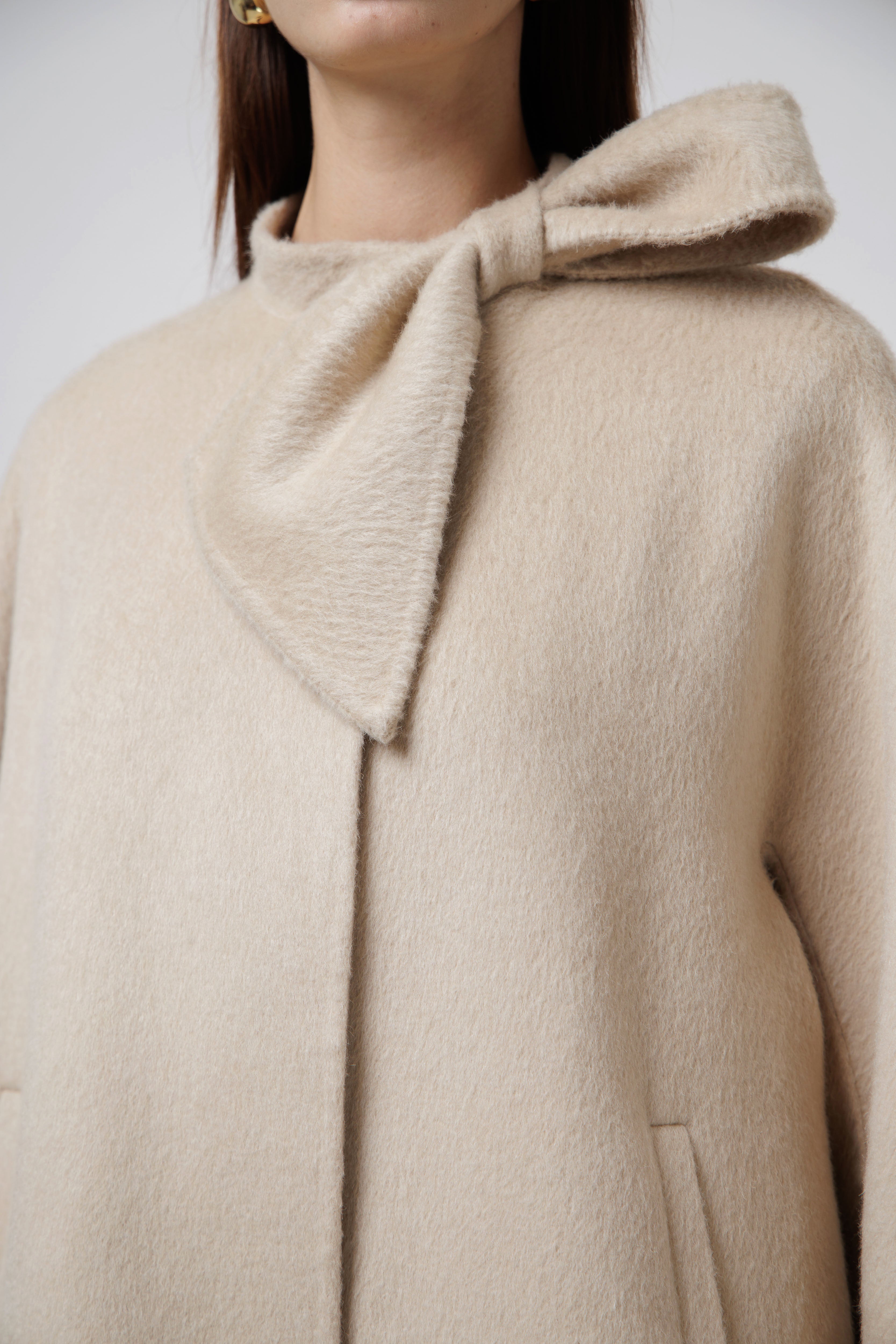 Neck Bow Camel Coat in White image 3