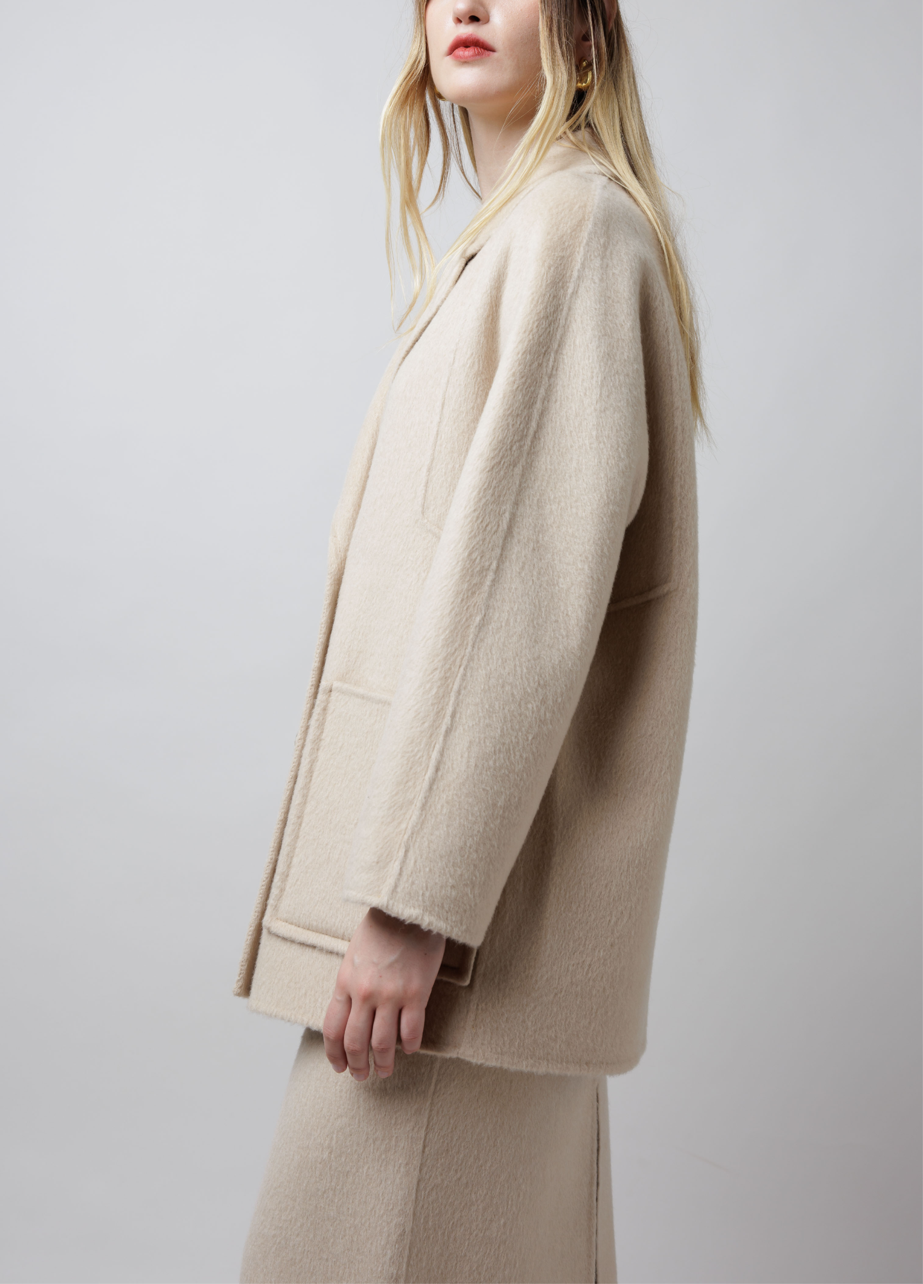 Double Breasted Camel Pea Coat in White image 3