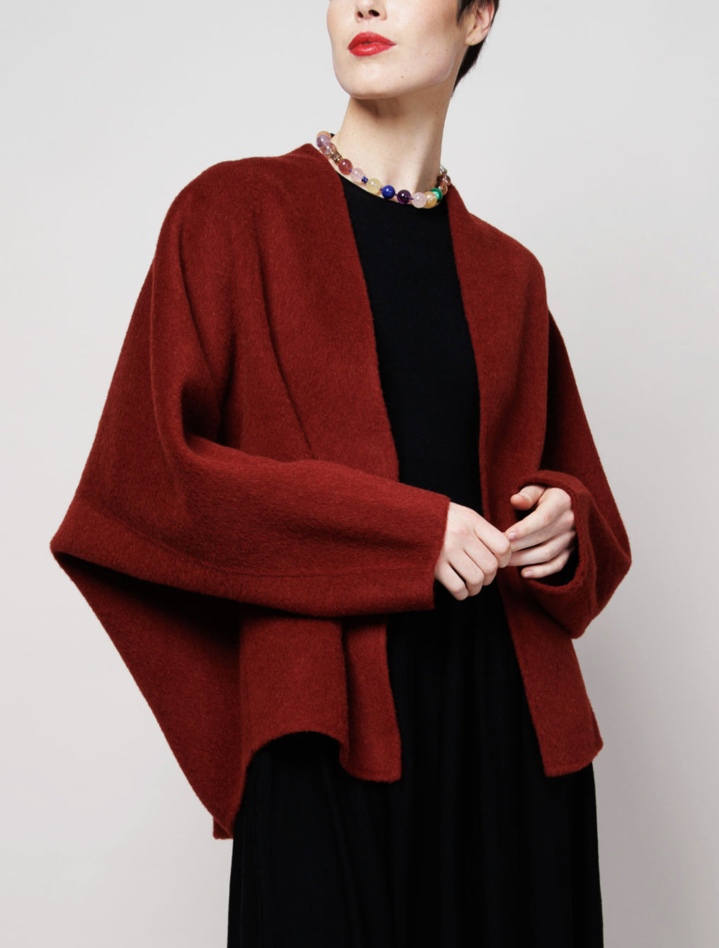 Cropped Kimono Camel Coat in Red image 2
