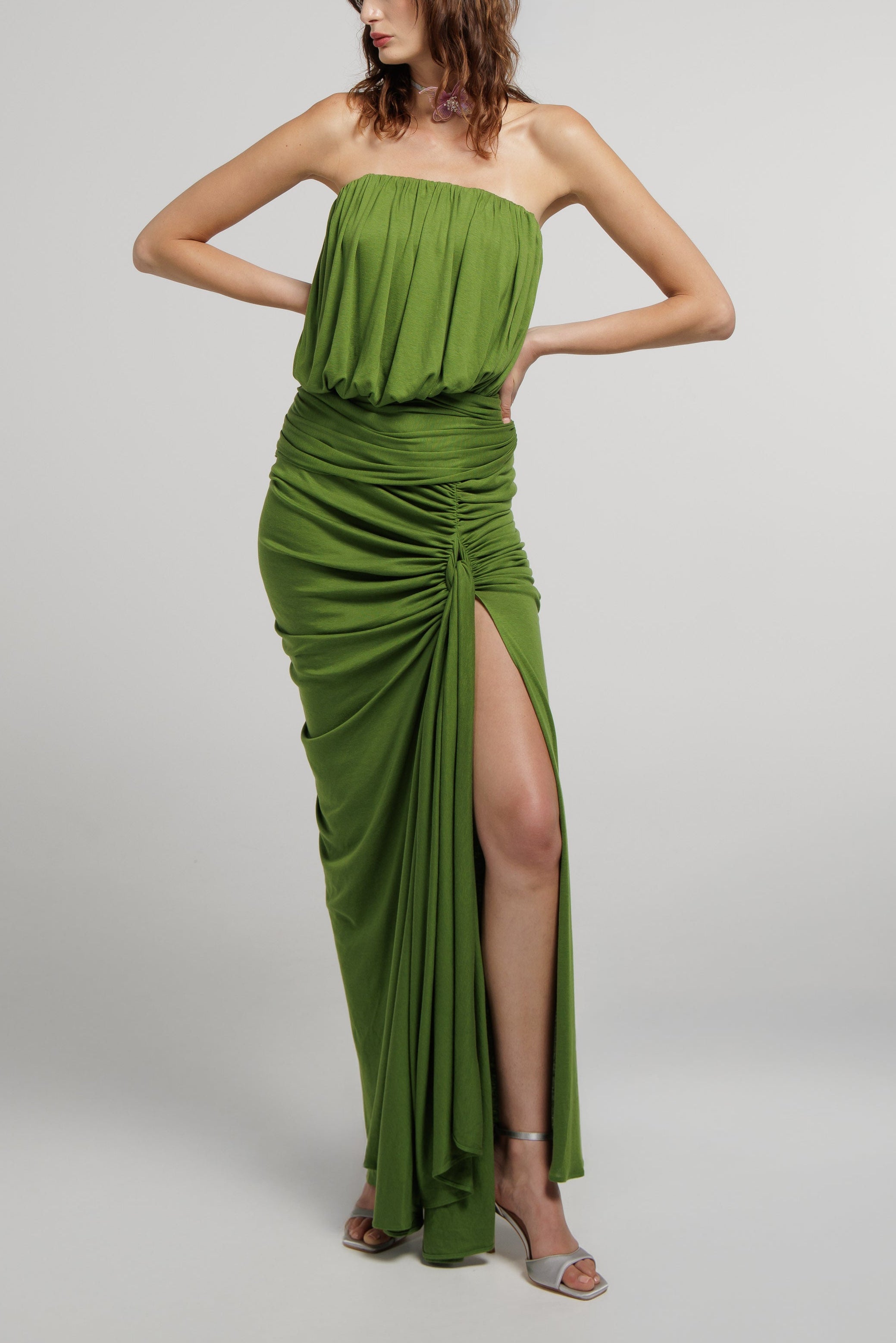 Strapless Draped Slit Gown