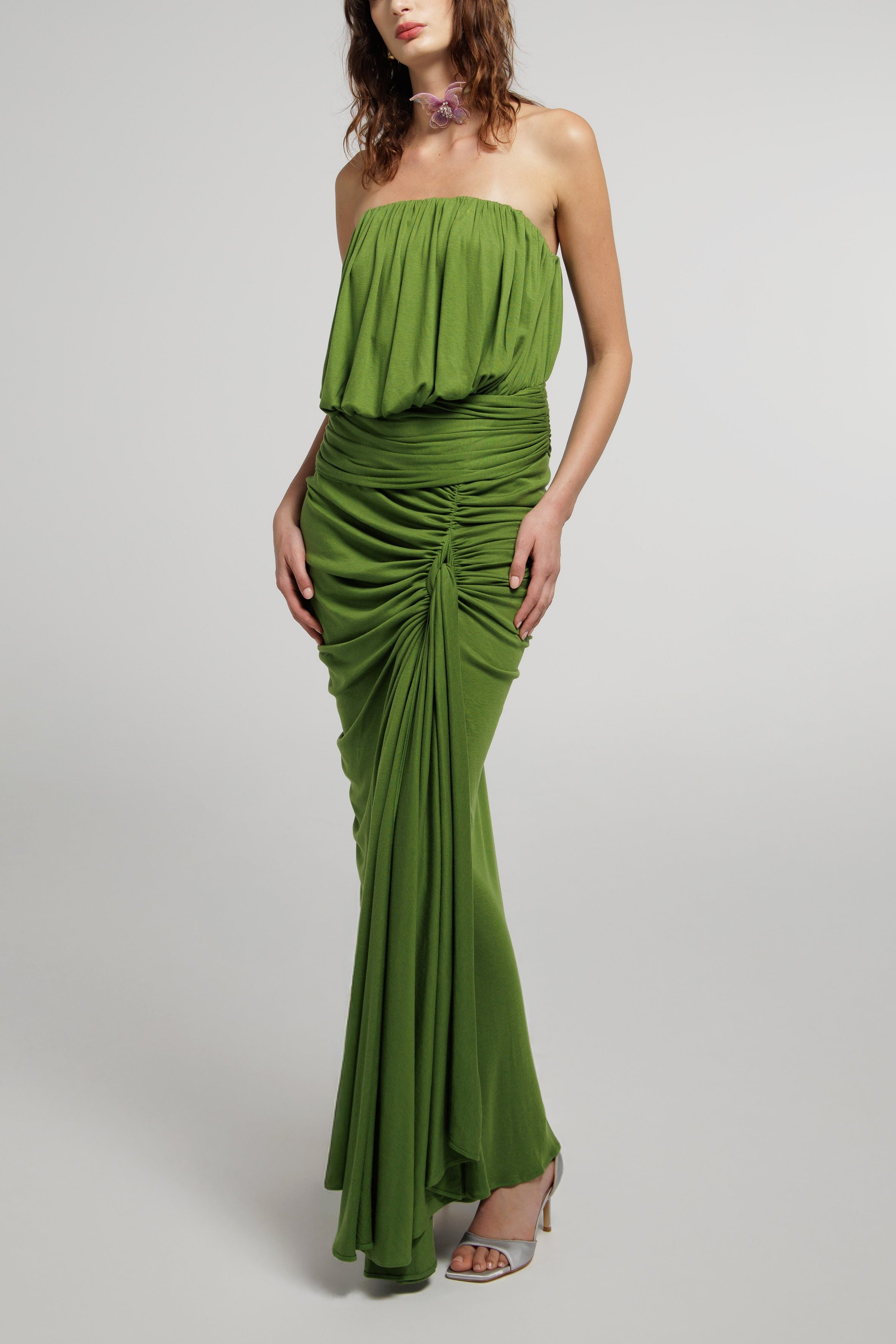 Strapless Draped Slit Gown