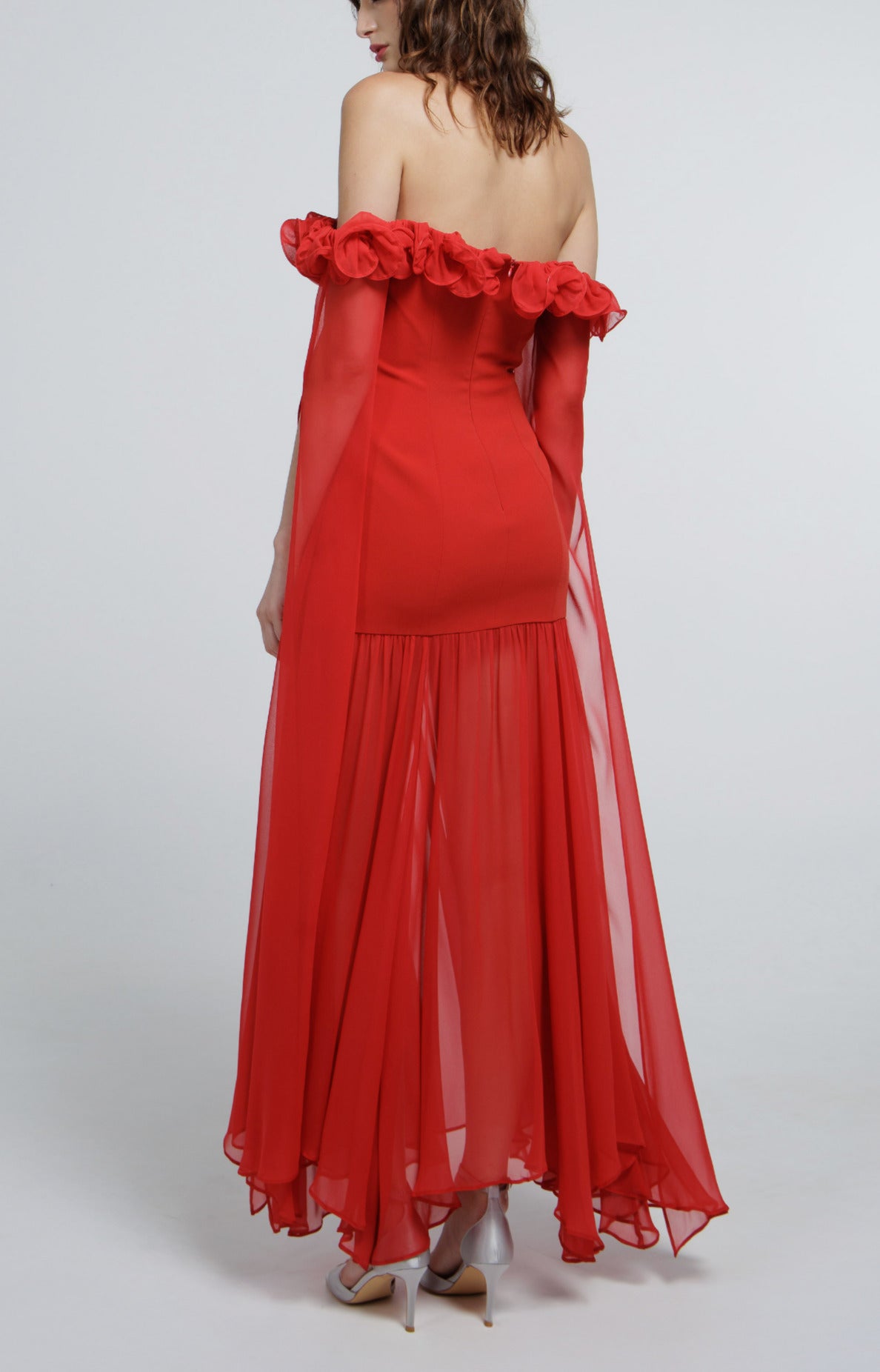 Rose Trimmed Off the Shoulder Chiffon Gown