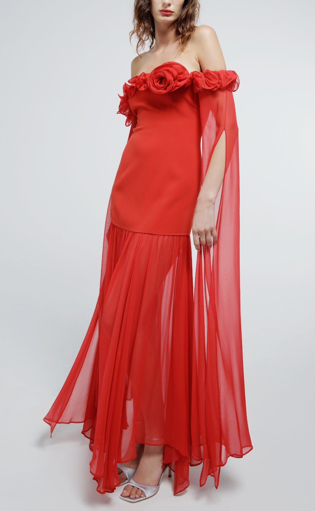 Rose Trimmed Off the Shoulder Chiffon Gown