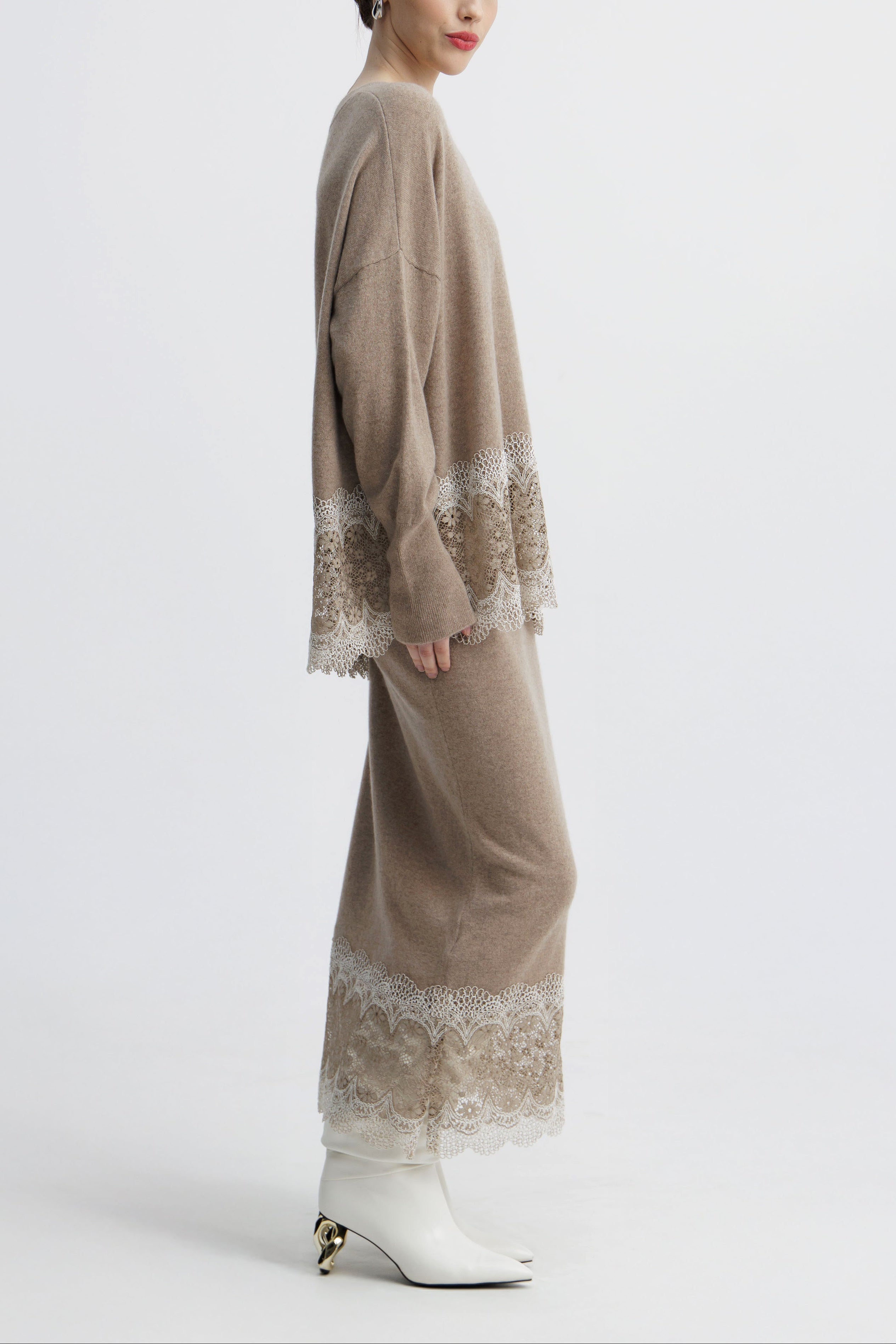 Warm Oat Ornate Lace Column Skirt