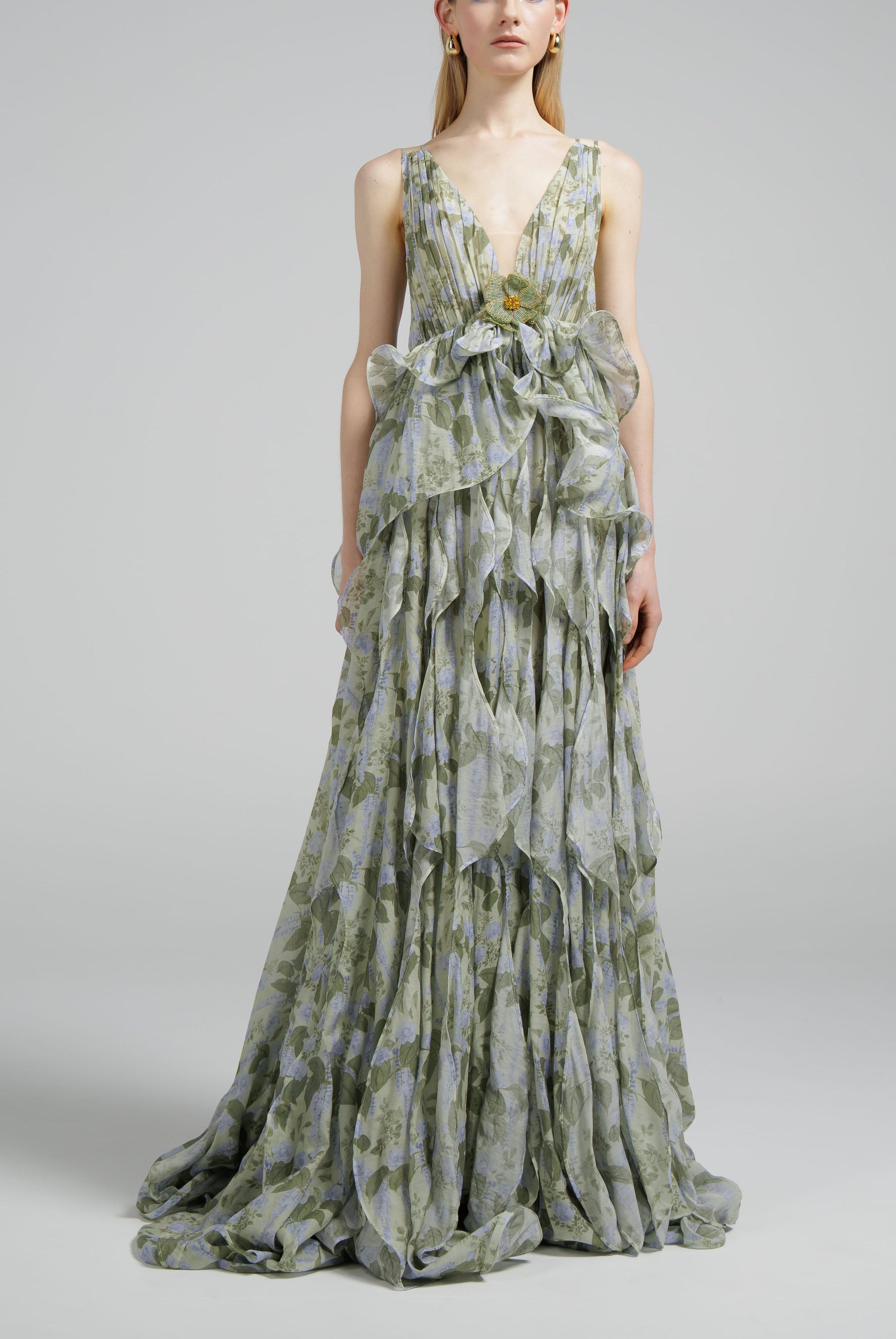 Garden Reverie Low Cut Ripple Gown