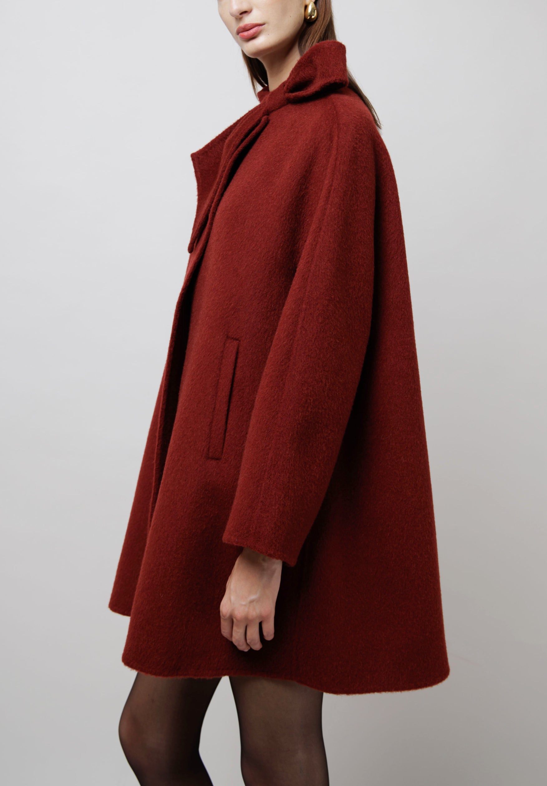 Neck Bow Camel Coat in Red image 3