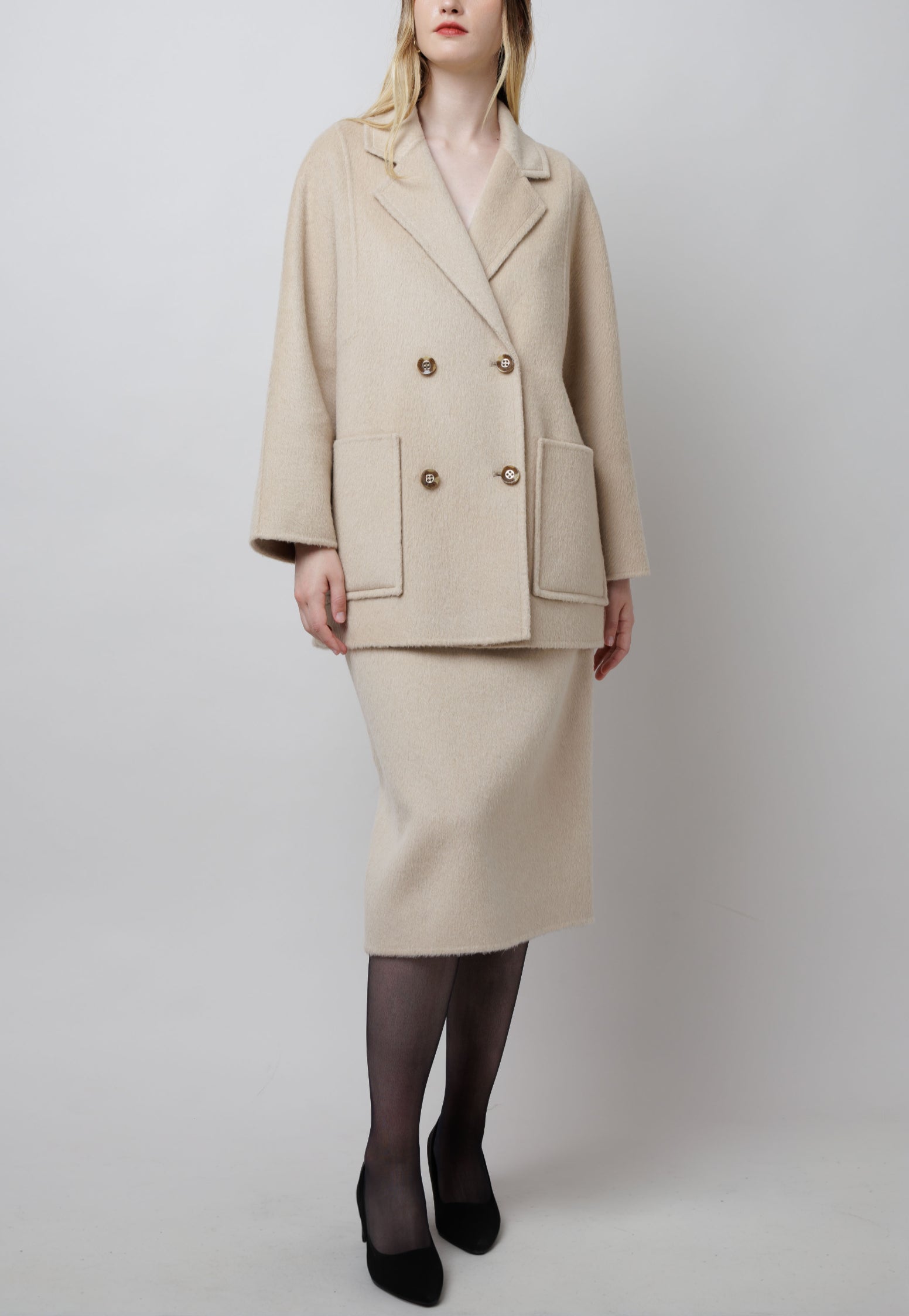 Double Breasted Camel Pea Coat in White image 0