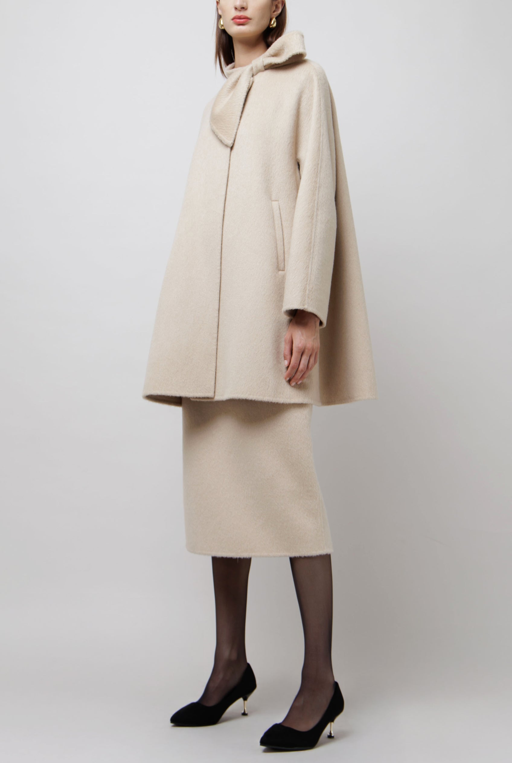 Neck Bow Camel Coat in White image 1