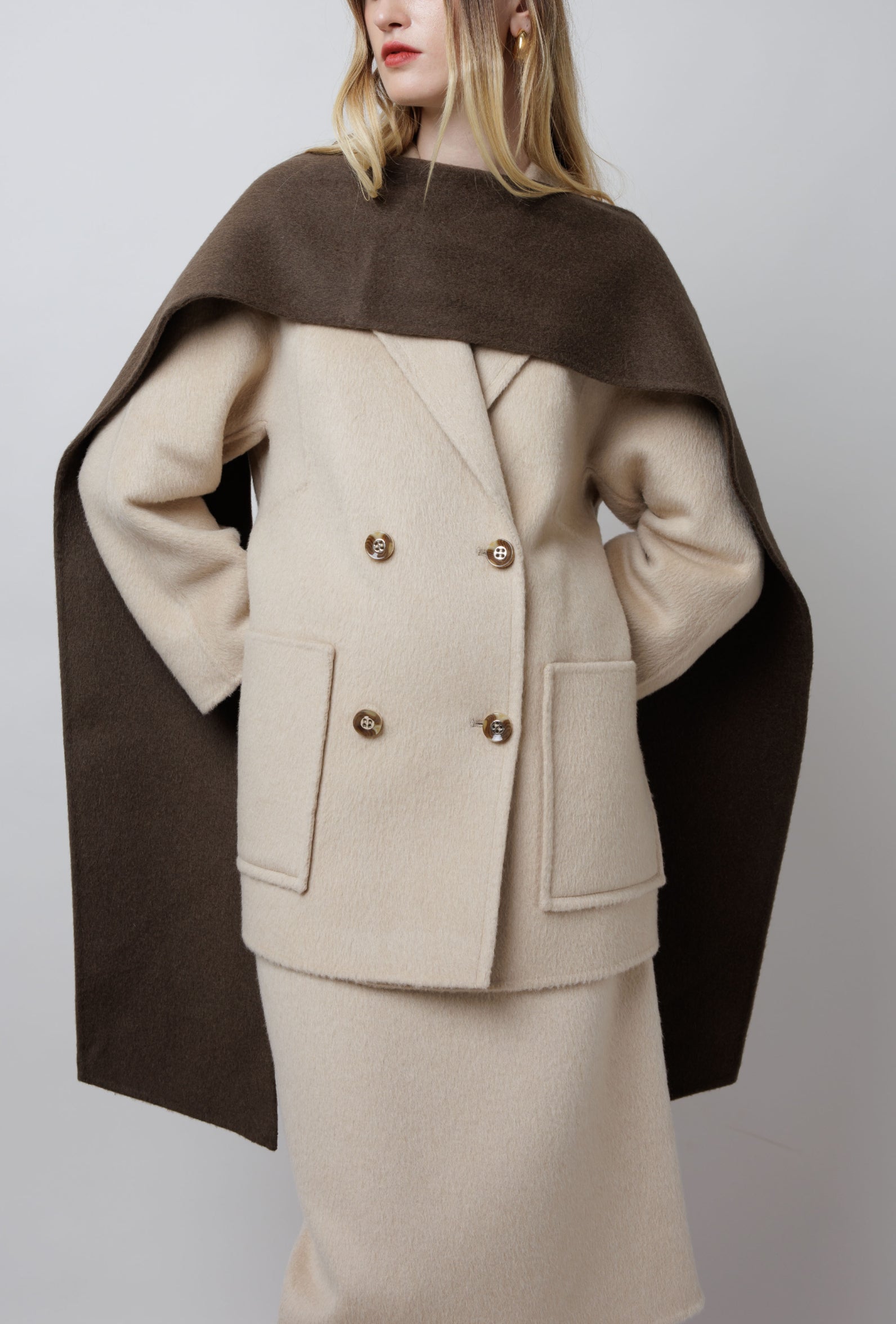 Double Breasted Camel Pea Coat in White image 1