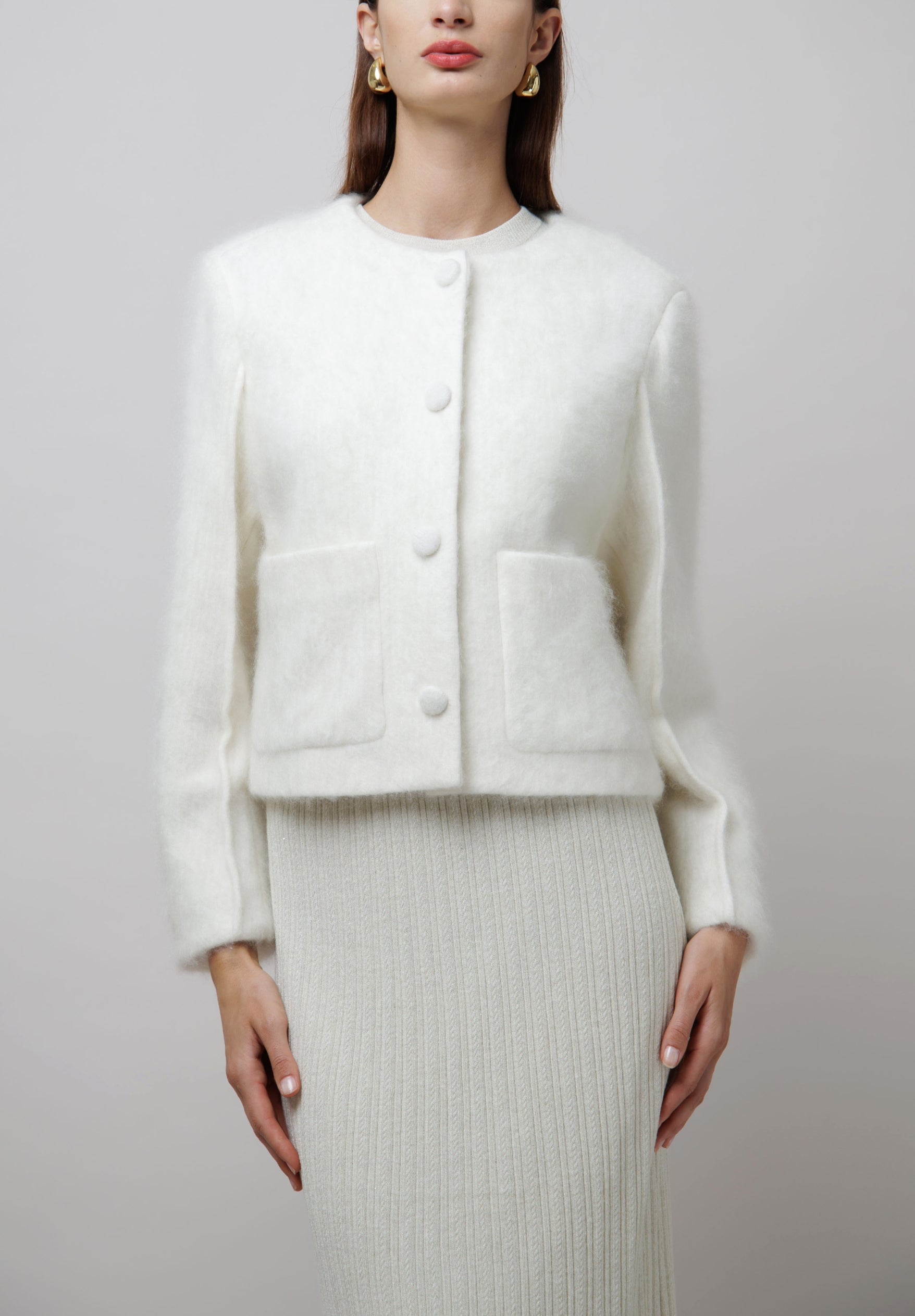 Fluffy Cropped Cashmere Coat in White image 0