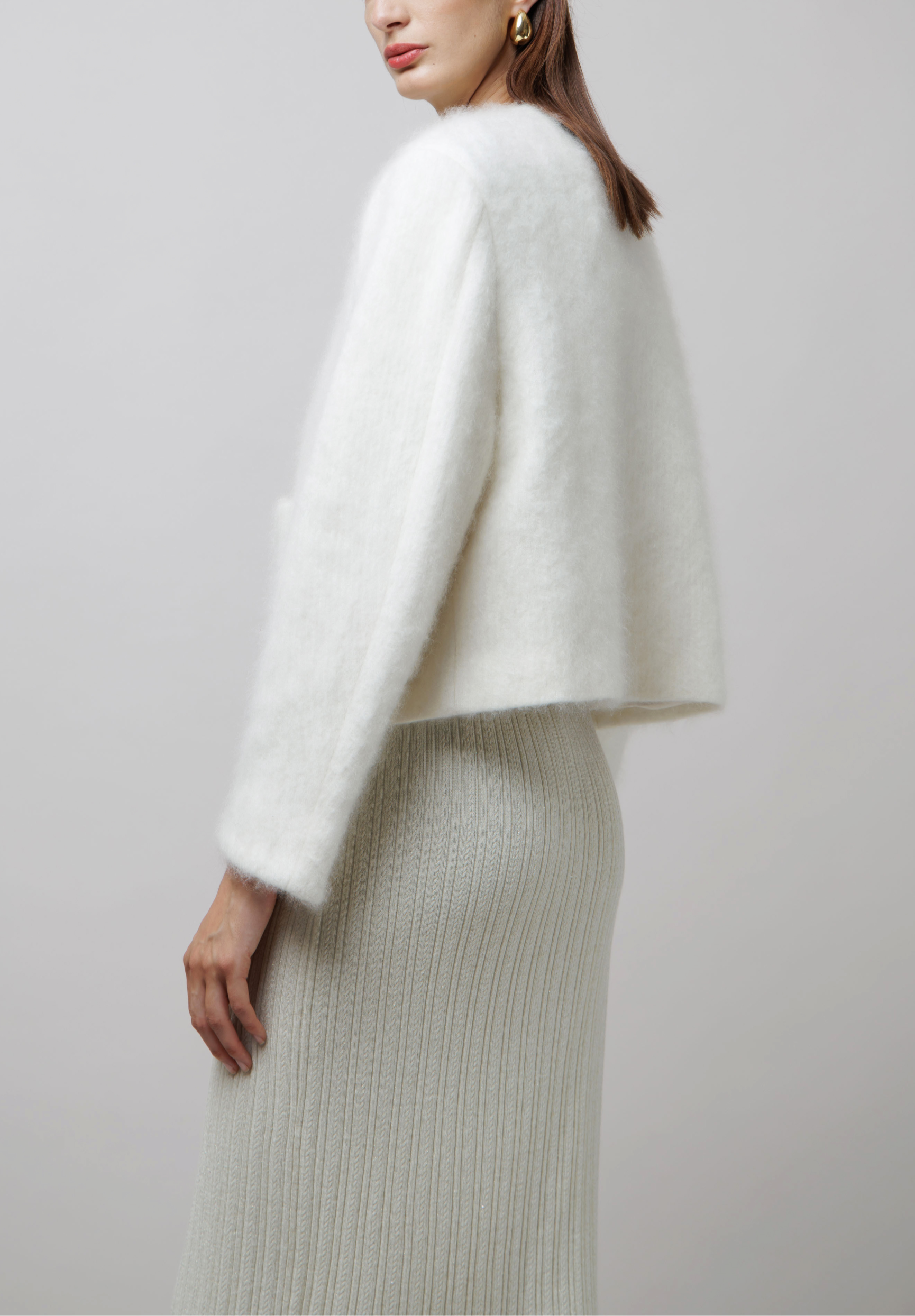 Fluffy Cropped Cashmere Coat in White image 3