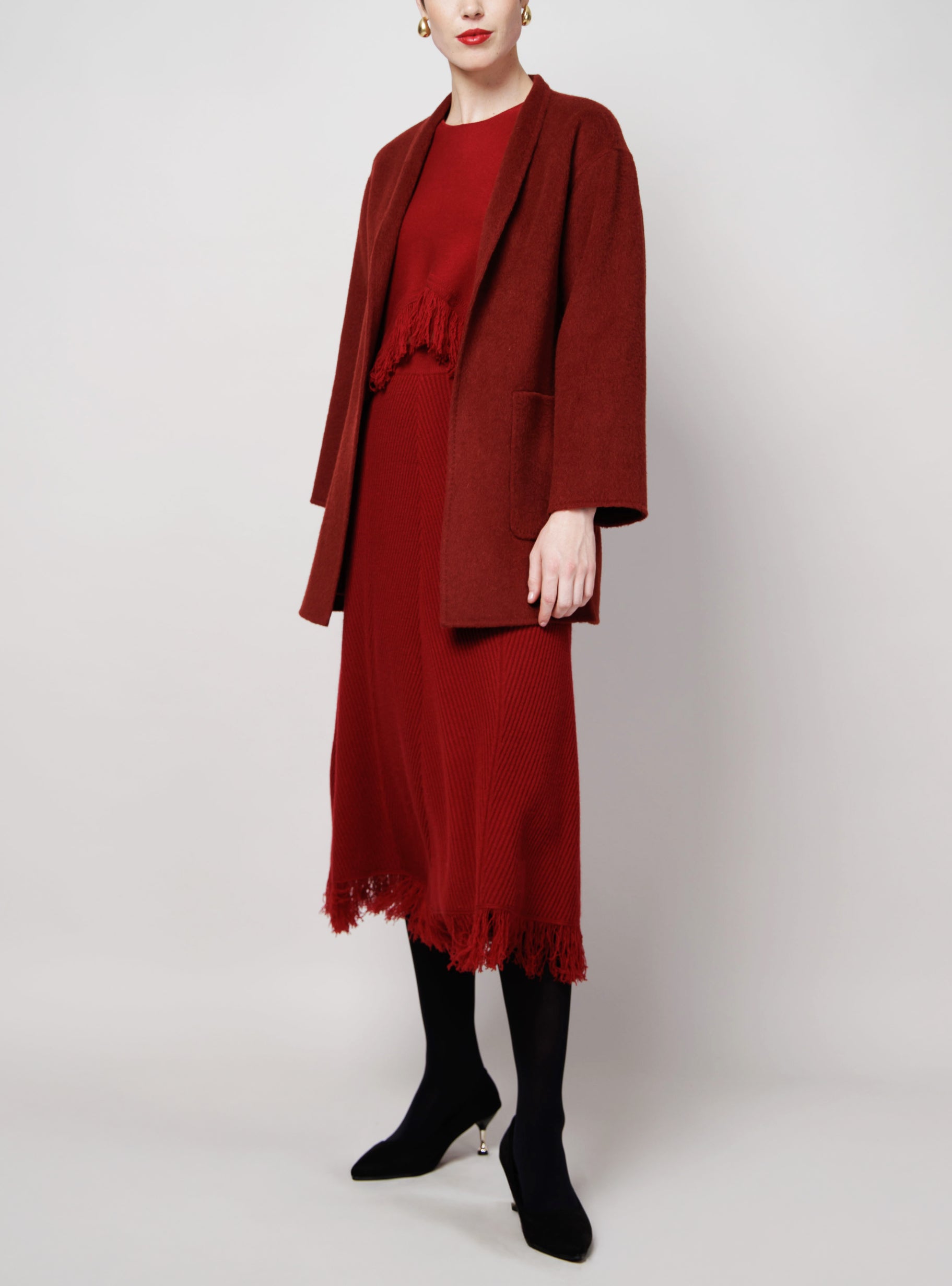Belted Camel Coat in Red image 1