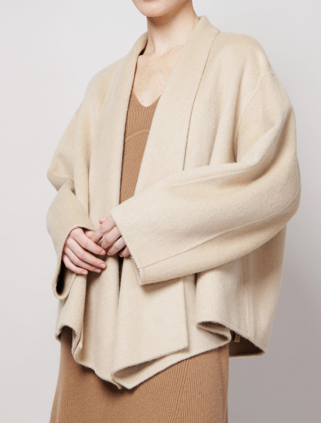 Draped Collar Camel Coat in White image 1