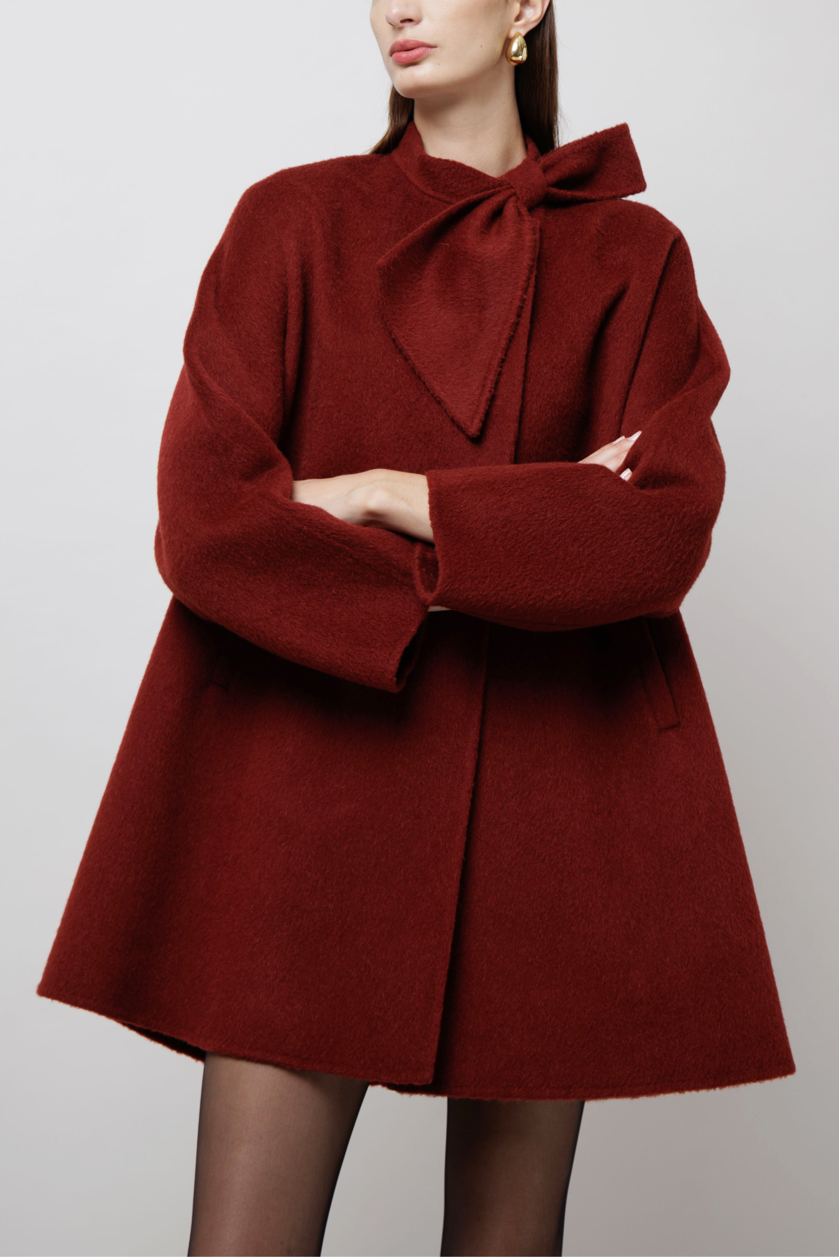 Neck Bow Camel Coat in Red image 0