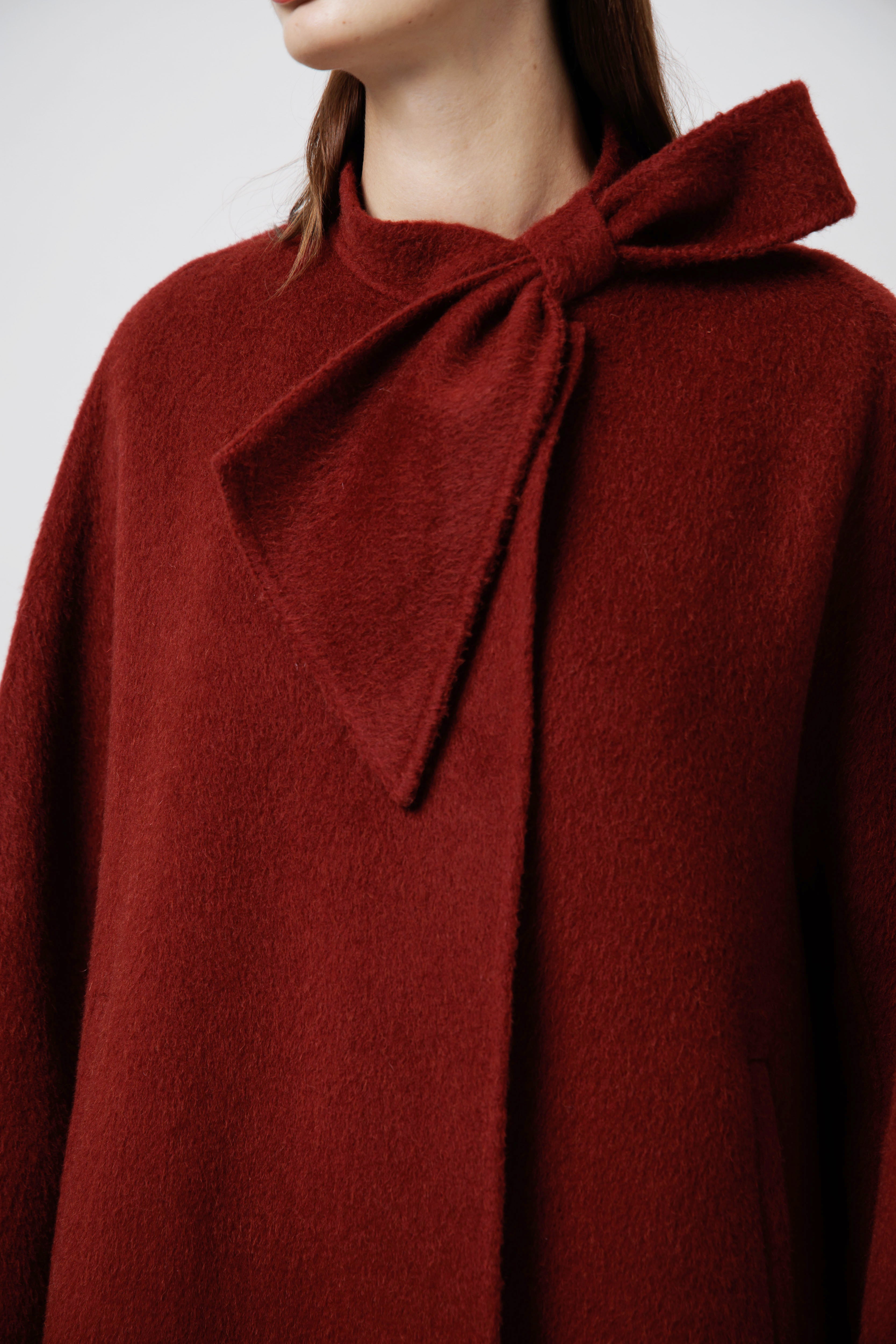 Neck Bow Camel Coat in Red image 1